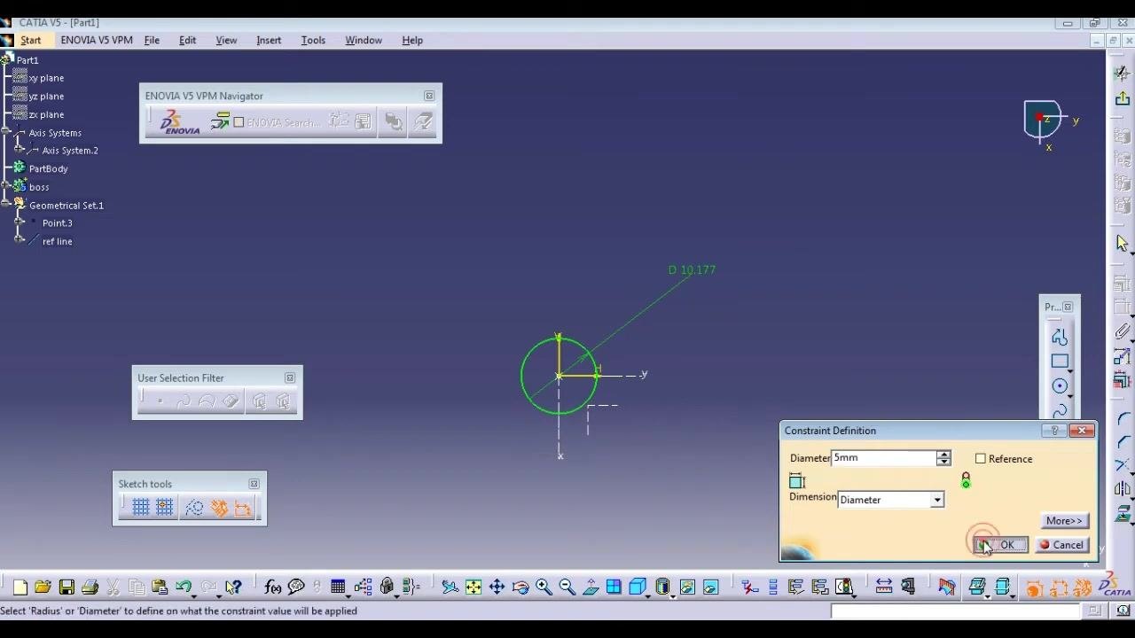 Sketch with a circle, diameter set to 5mm, and the Constraint Definition dialog box open