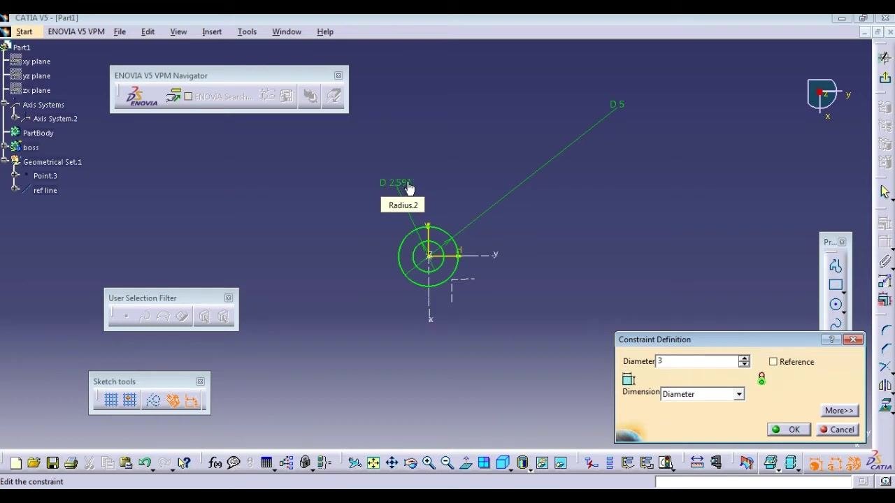 Constraint Definition dialog box with diameter set to 3mm and the new circle visible with its dimension label