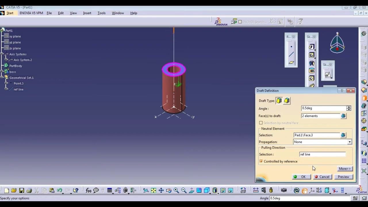 Draft Definition dialog box with angle set to 0.5 degrees, two faces selected, and the reference line set as pulling direction