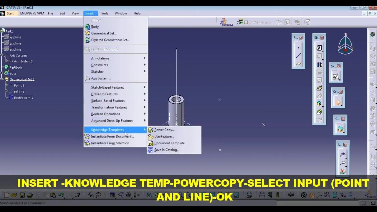 Insert menu open with the Knowledge Templates submenu expanded and Power Copy highlighted, boss visible in the workspace