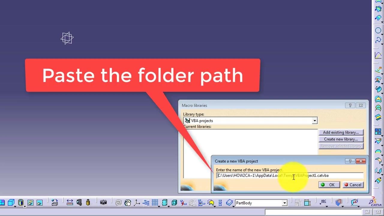 CATIA V5 interface with the Tools menu open, Macro submenu visible, and cursor highlighting the selection