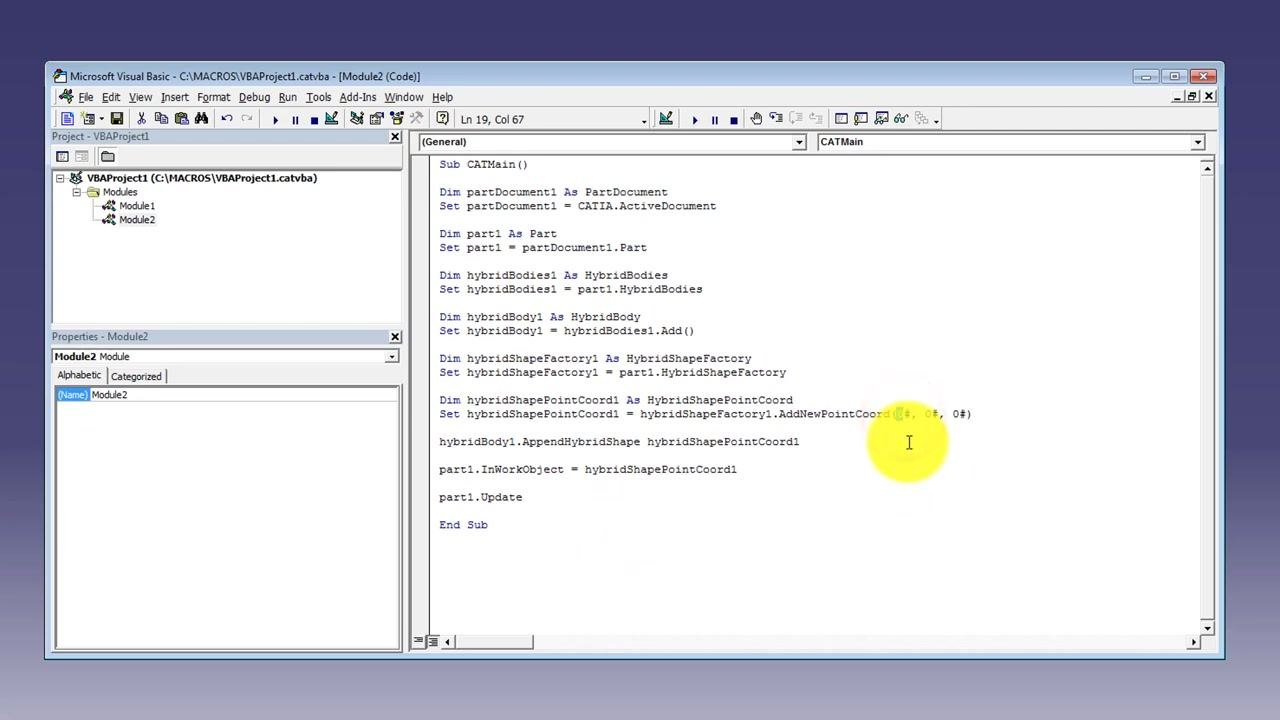 CATIA V5 "Record macro" dialog with macro library path, language set to MS VBA, macro name as Module2, and cursor over the Start button