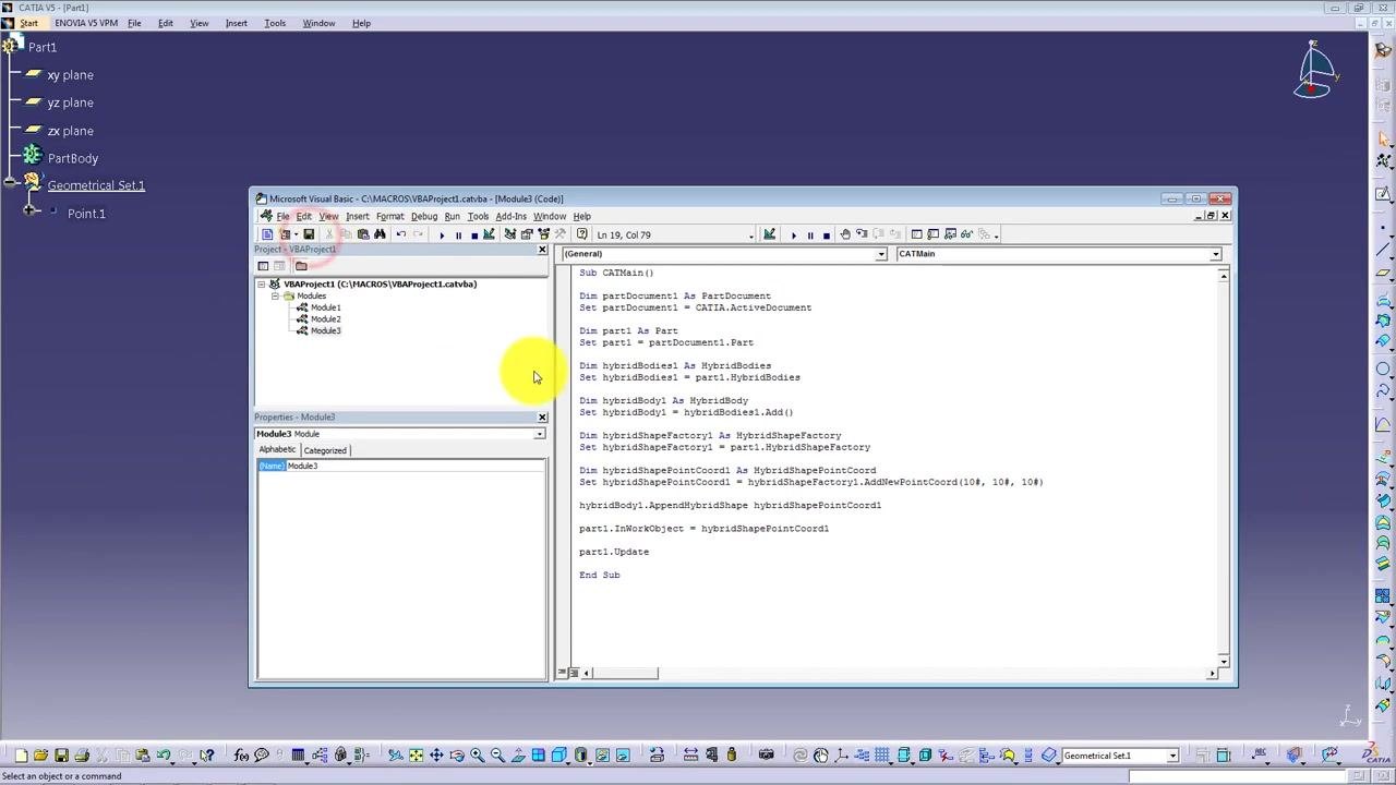 VBA editor showing Module2 with auto-generated code for creating a point at (0,0,0) in CATIA V5