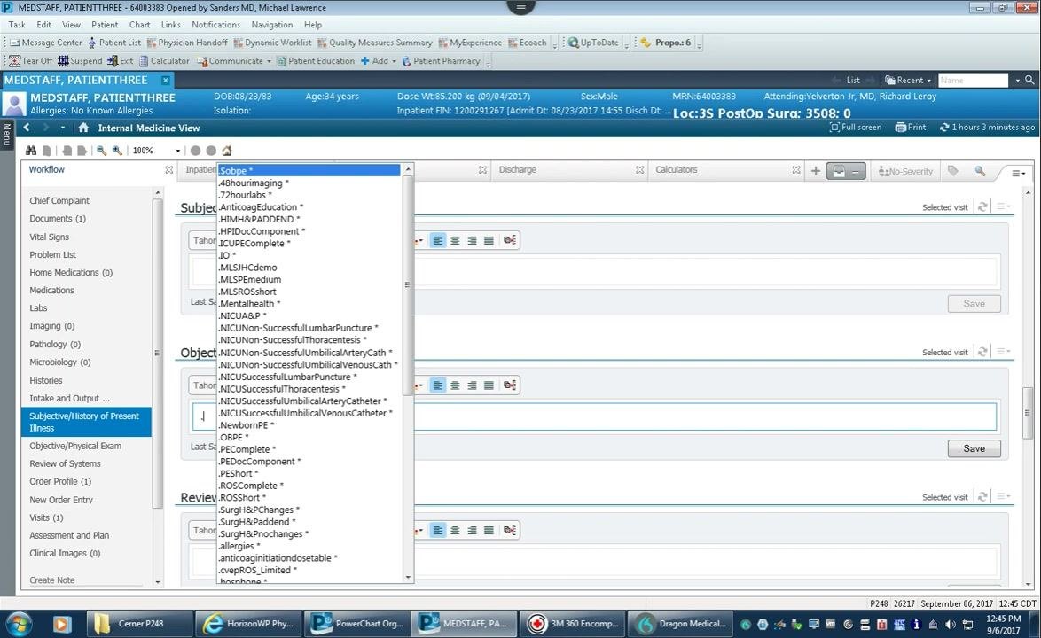Cerner documentation screen showing the Subjective/History of Present Illness, Objective/Physical Exam, and Review of Systems sections with editable text fields and formatting options