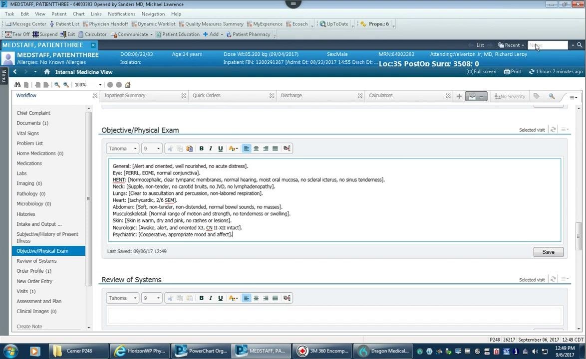 Objective/Physical Exam section with the AutoText template inserted after typing .mlsPE3