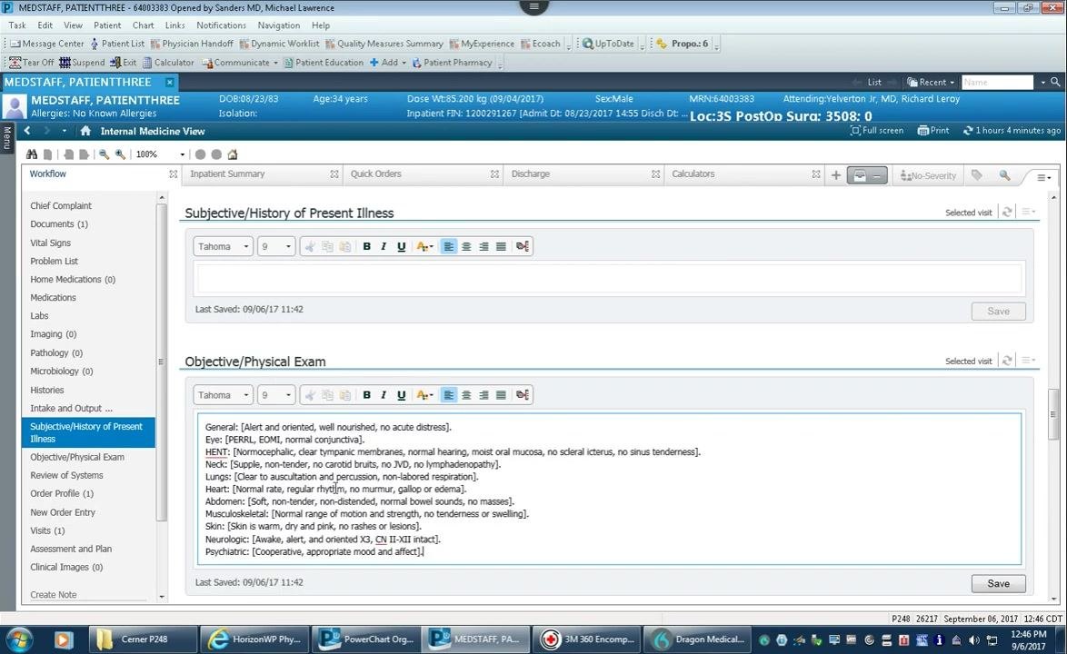 Text entry area populated with detailed AutoText content for the Objective/Physical Exam section