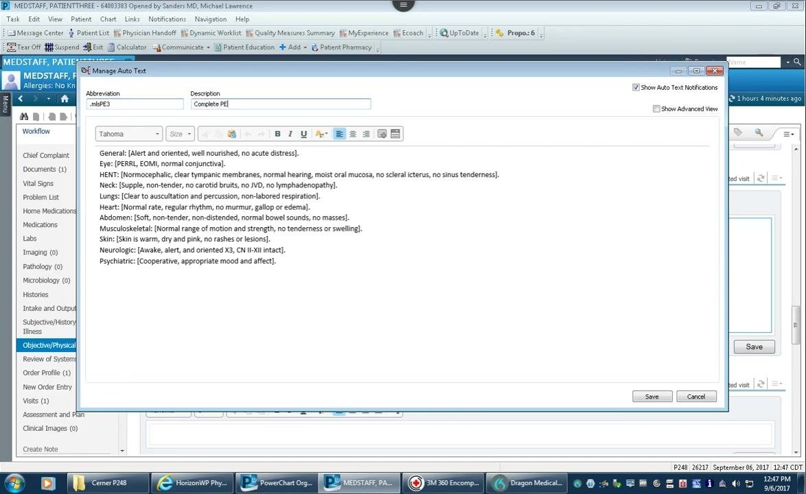 Manage Auto Text window with abbreviation .mlsPE3 and description "Complete PE"