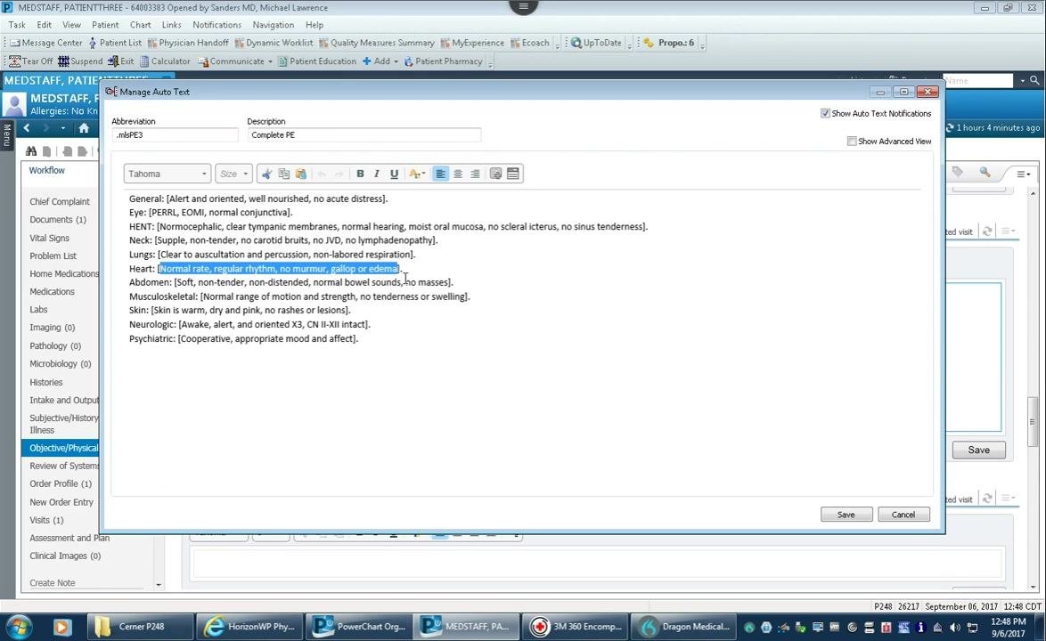 Manage Auto Text window with a bracketed field highlighted, ready for dictation or editing