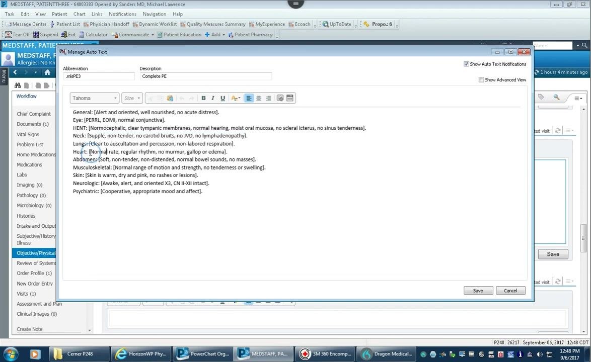 Manage Auto Text window showing default values in bracketed fields for each exam section