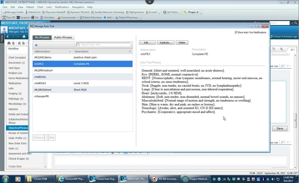 Manage Auto Text window showing .mlsPE3 saved with description "Complete PE" and the full template content