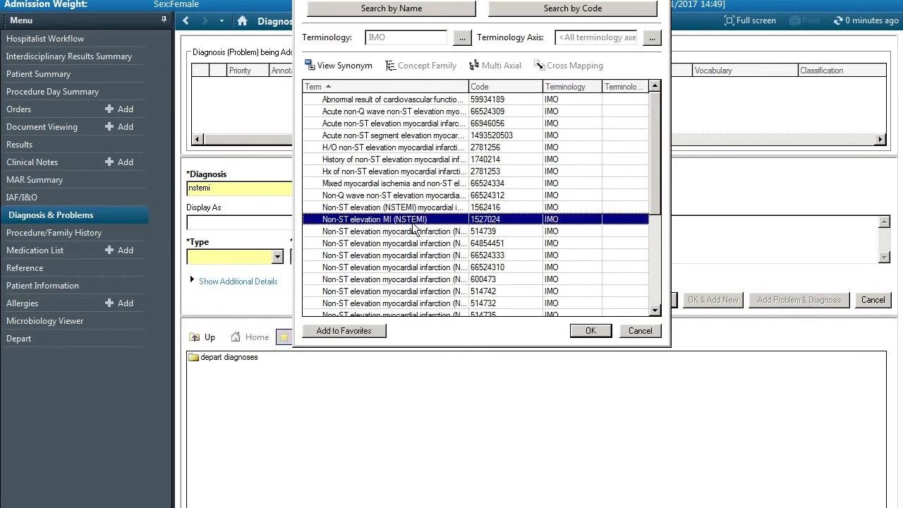 Selecting and confirming Non-ST elevation MI (NSTEMI) as the discharge diagnosis, with all relevant fields and options visible