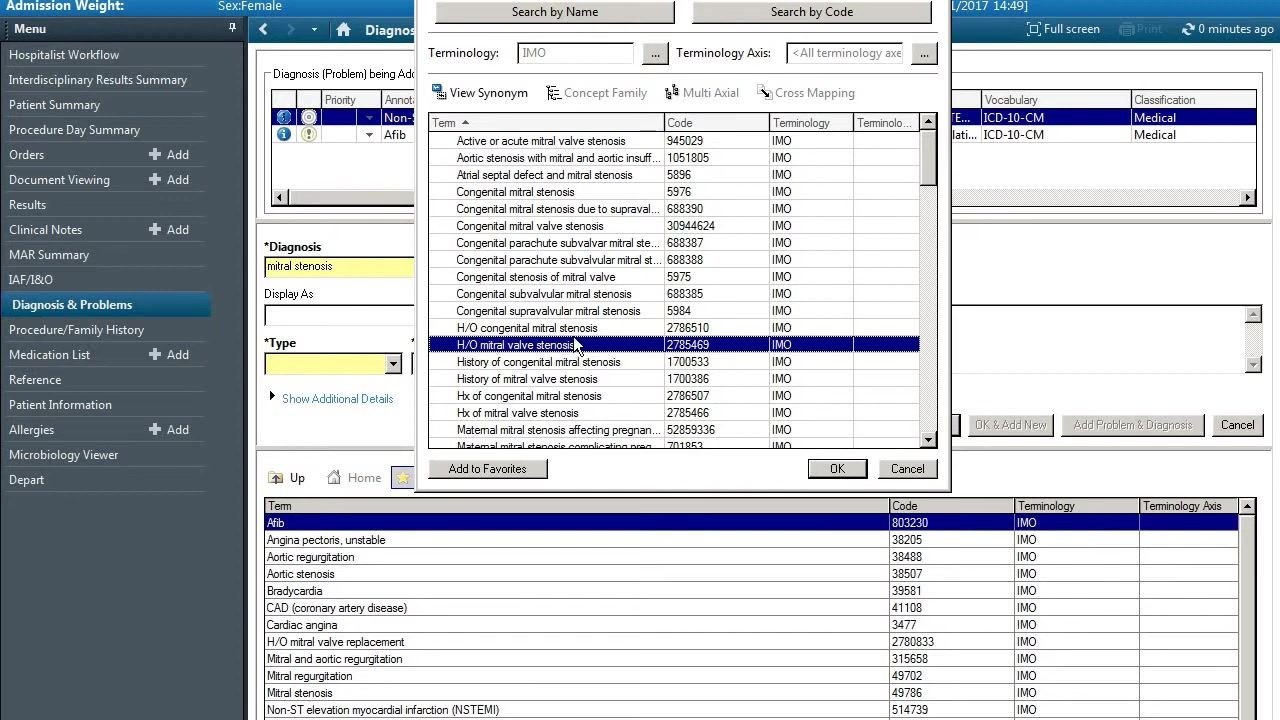 Adding multiple diagnoses, including Atrial Fibrillation and Mitral Stenosis, with the terminology search and Favorites folder visible