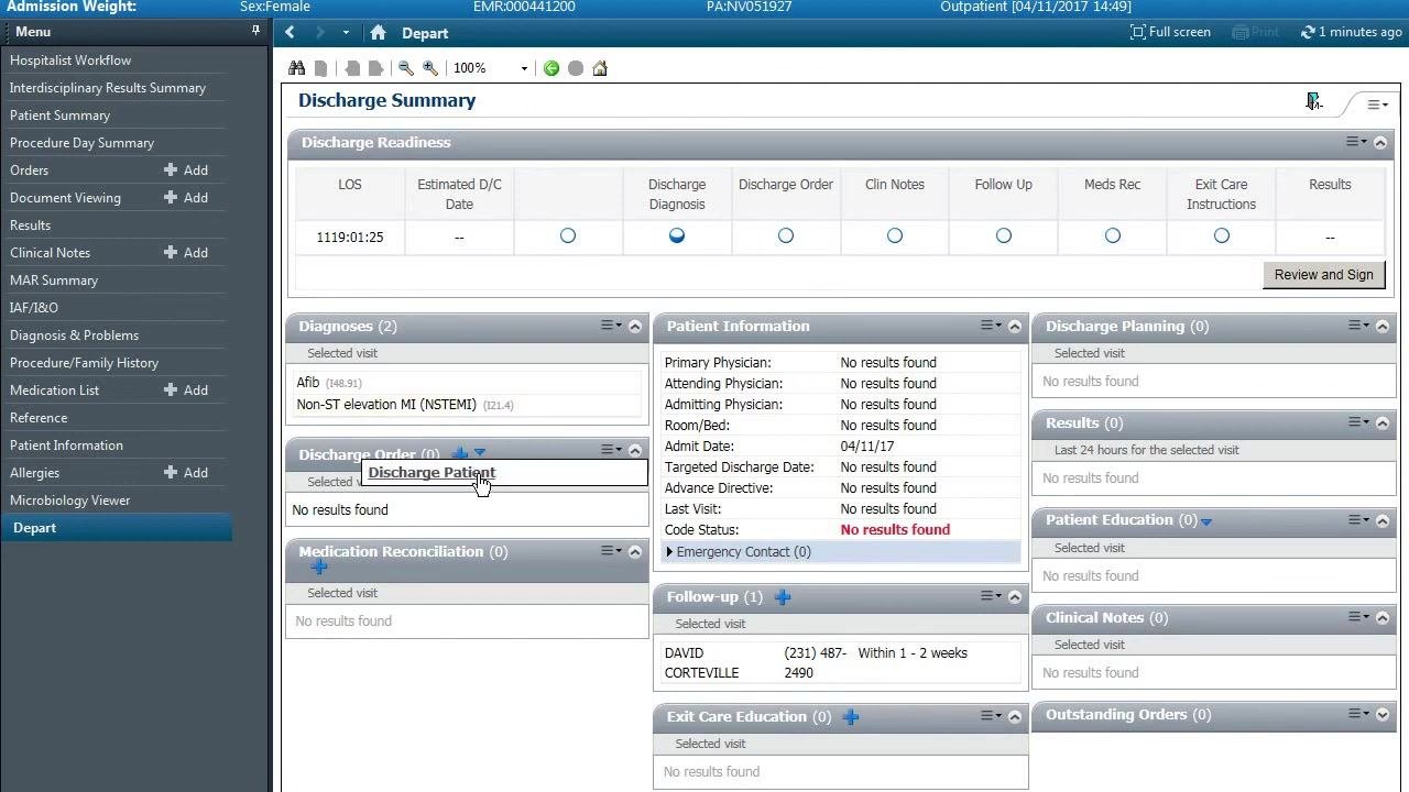 Discharge Summary screen with the cursor selecting "Discharge Patient" in the Discharge Order section, with all relevant patient and visit details visible