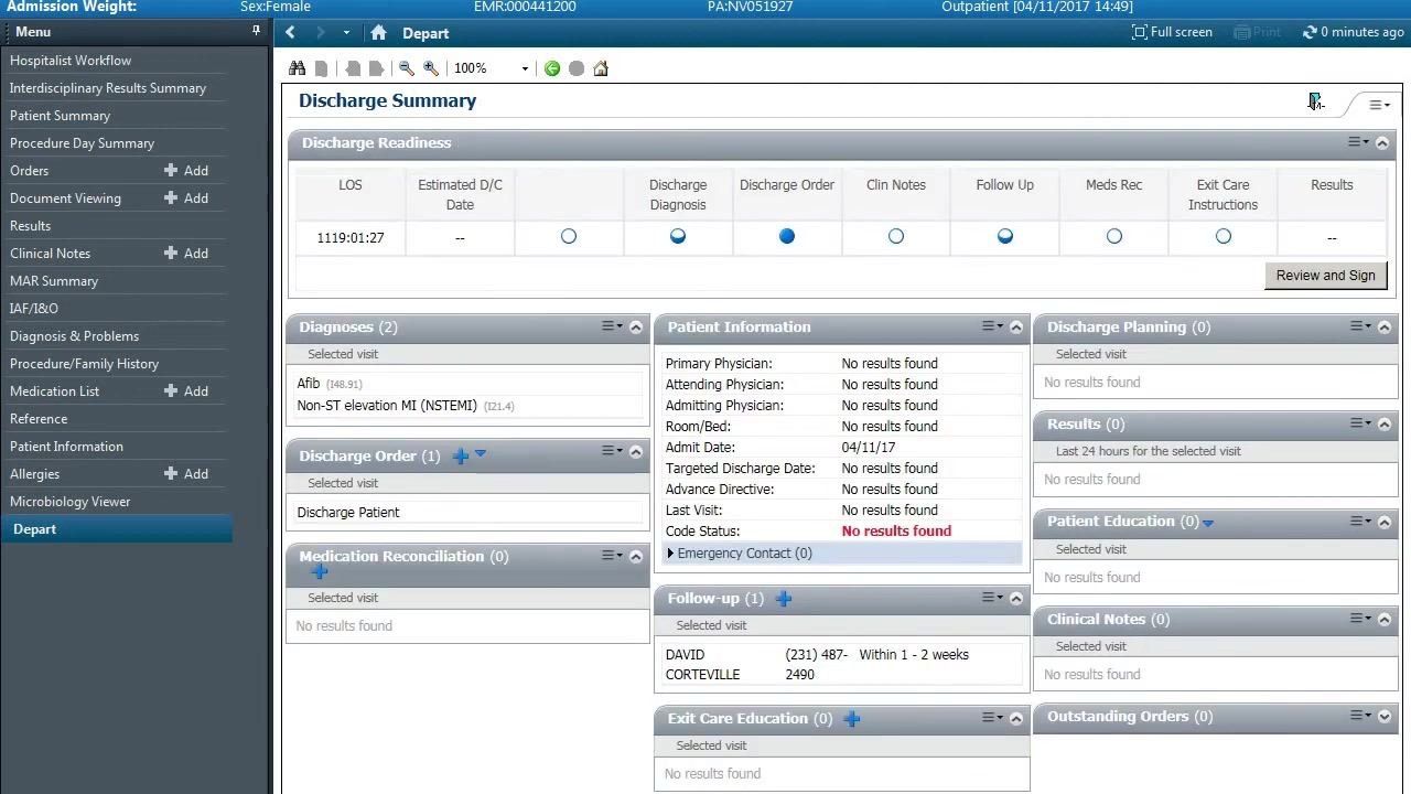 Discharge Summary screen showing all sections—Discharge Readiness, Diagnoses, Discharge Order, Medication Reconciliation, Follow-up, Exit Care Education, and Patient Information—with completed fields, blue progress indicators, and the Refresh button visible at the top