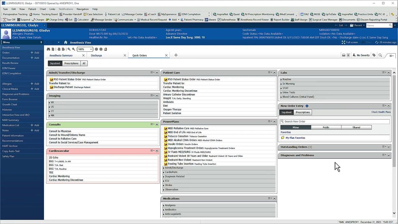 Main orders screen showing folders, subfolders, and PowerPlan icons, with patient information and the navigation menu visible.
