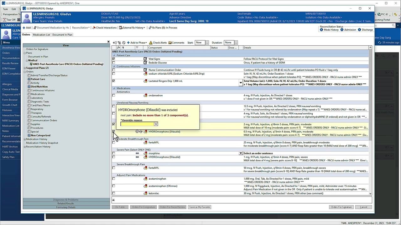 Warning message displayed after selecting multiple linked orders, with a field for entering an override reason.