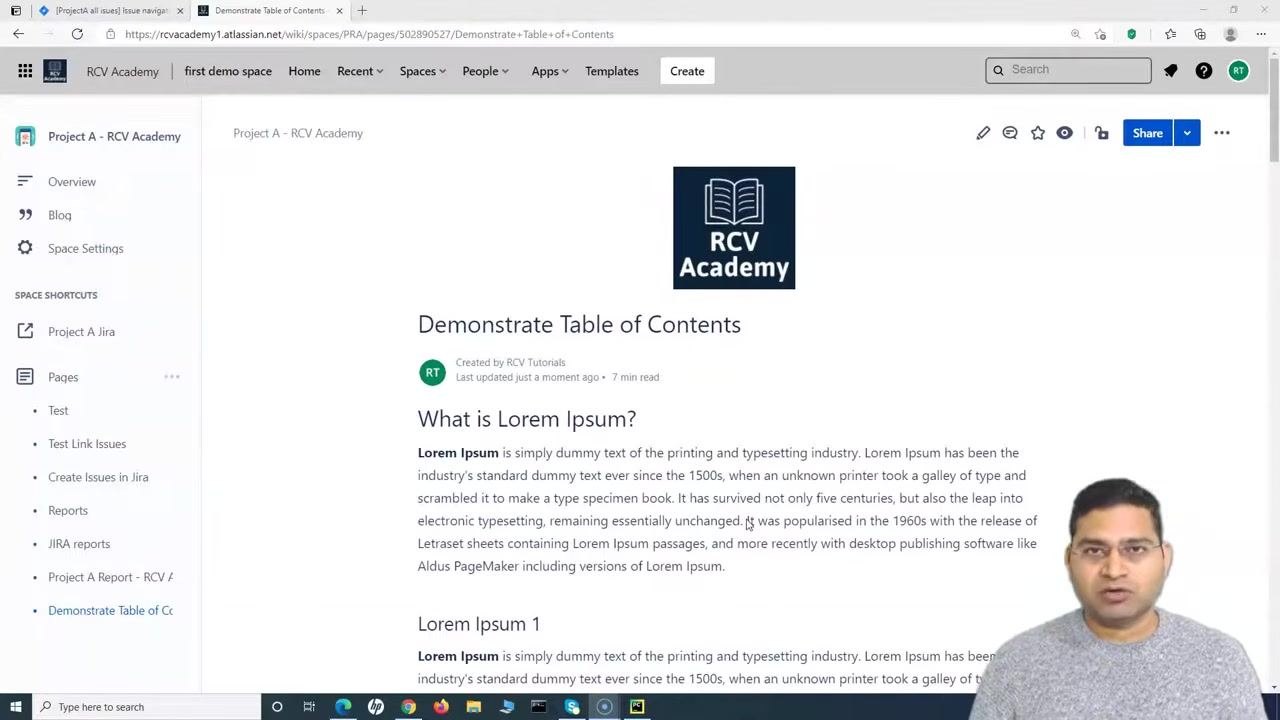 Confluence page titled "Demonstrate Table of Contents" in the "Project A - RCV Academy" space, showing multiple section headings and dummy text. No table of contents is present.