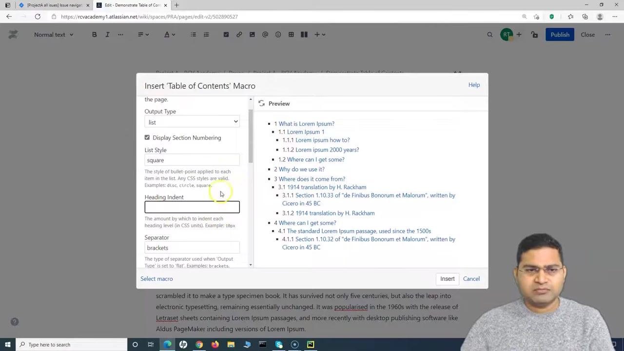 Insert 'Table of Contents' Macro dialog with all customizations applied, including section numbering, square list style, and heading indent.