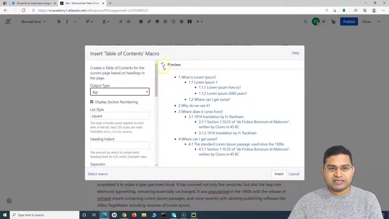 Insert 'Table of Contents' Macro dialog with Output Type set to "flat", Display Section Numbering checked, List Style set to "square", and Heading Indent blank. The preview shows a flat, numbered table of contents.