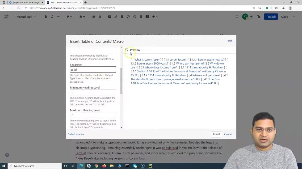 The 'Insert Table of Contents Macro' dialog with the Separator field set to "pipe". The Preview pane shows the table of contents with headings separated by pipe characters.