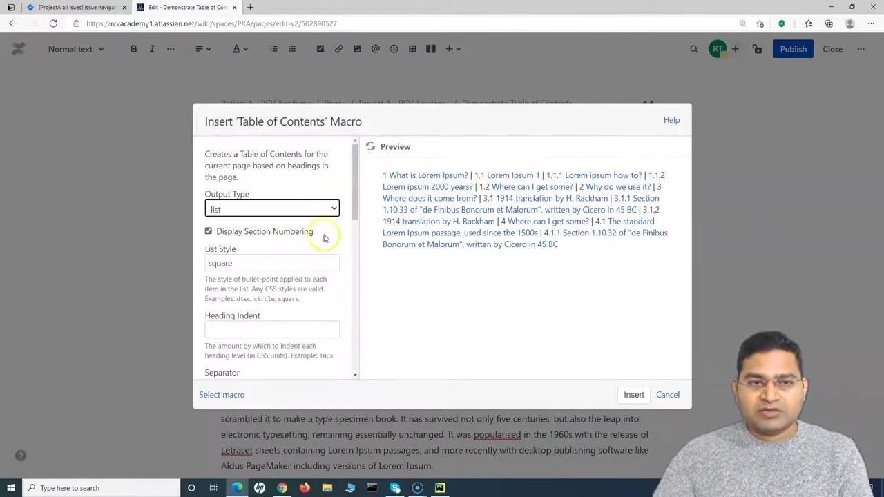Insert 'Table of Contents' Macro dialog with Output Type set to "list", Display Section Numbering checked, and List Style set to "square". The preview shows a hierarchical table of contents with section numbers and square bullets.