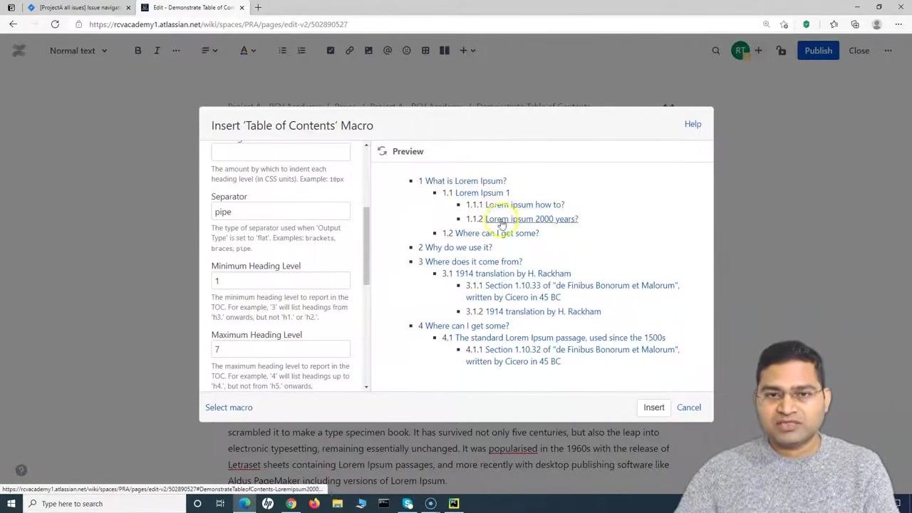 Insert 'Table of Contents' Macro dialog with Minimum Heading Level set to 1 and Maximum Heading Level set to 7. The preview displays a detailed, multi-level table of contents.