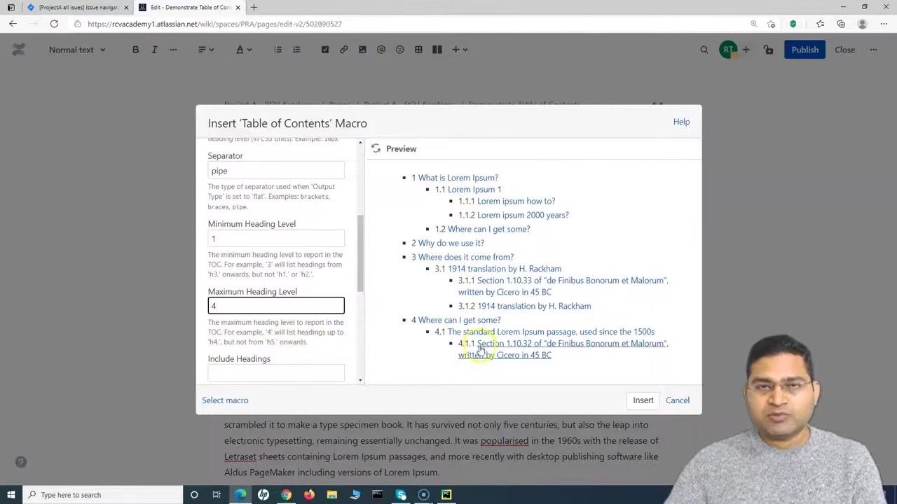 Insert 'Table of Contents' Macro dialog with Maximum Heading Level set to 4. The preview shows the table of contents with headings up to H4 included.