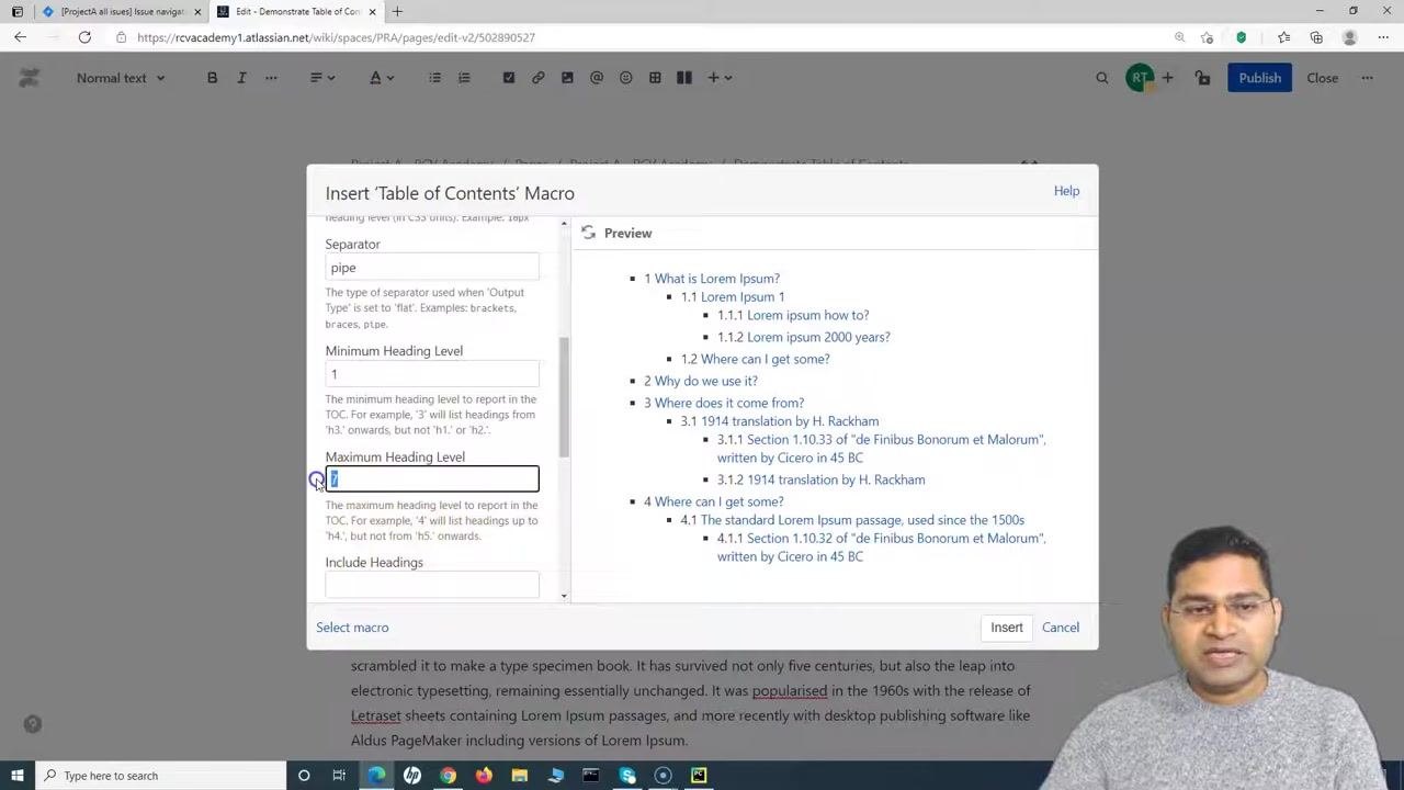 Insert 'Table of Contents' Macro dialog with Maximum Heading Level set to 2. The preview now only shows H1 and H2 headings in the table of contents.