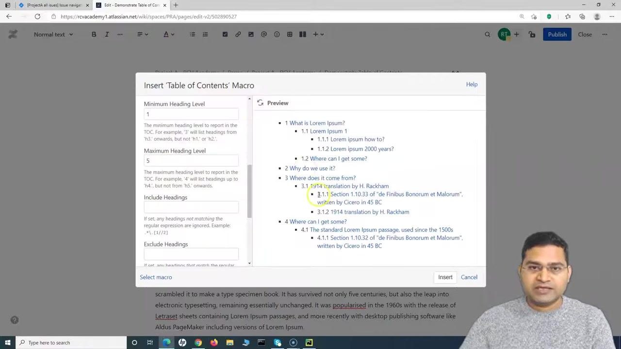 The 'Insert Table of Contents Macro' dialog showing advanced options: CSS Class Name and Absolute URL, with the Printable checkbox also visible. The preview shows a hierarchical table of contents.