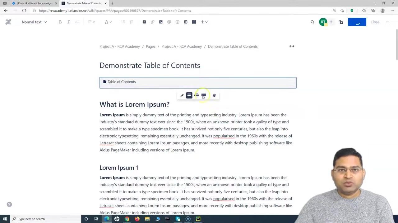 The 'Insert Table of Contents Macro' dialog with the Insert button visible at the bottom. The preview shows a detailed, multi-level table of contents.