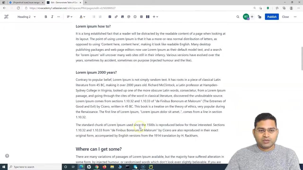 Confluence editor with "What is Lorem Ipsum?" highlighted as Heading 1. The table of contents macro is visible above the content.