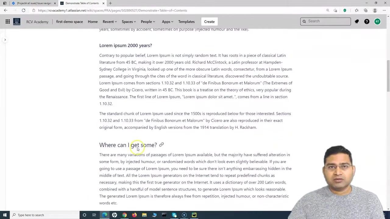 Lower portion of the Confluence page showing additional headings: "Lorem ipsum how to?", "Lorem ipsum 2000 years?", and "Where can I get some?".
