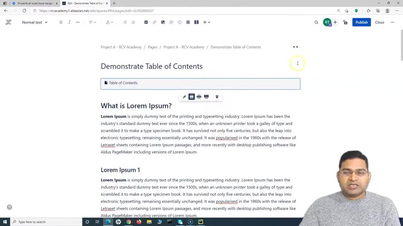 Confluence editor showing the "Demonstrate Table of Contents" page with the Table of Contents macro block below the main heading, the macro toolbar above it, and sample headings and text further down the page.