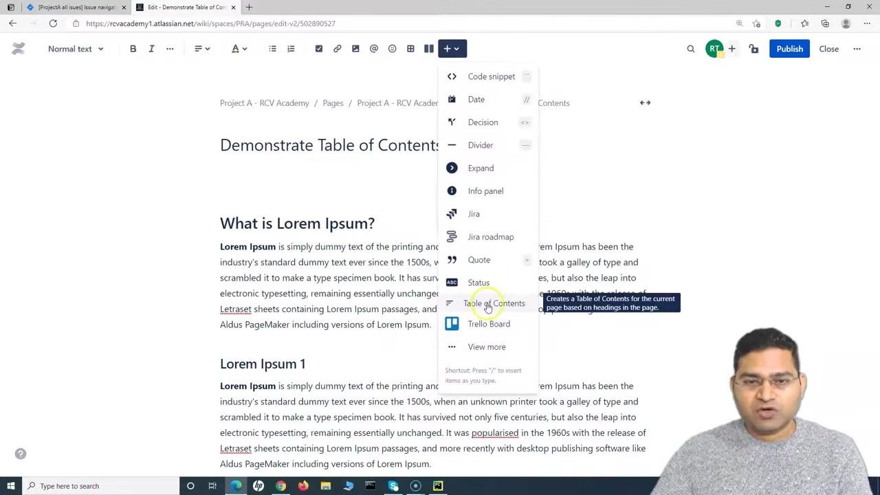 Confluence editor with the macro dropdown open and "Table of Contents" highlighted. The menu also shows options like Code snippet, Date, Decision, Divider, Expand, Info panel, Jira, Quote, Status, Trello Board, and View more.