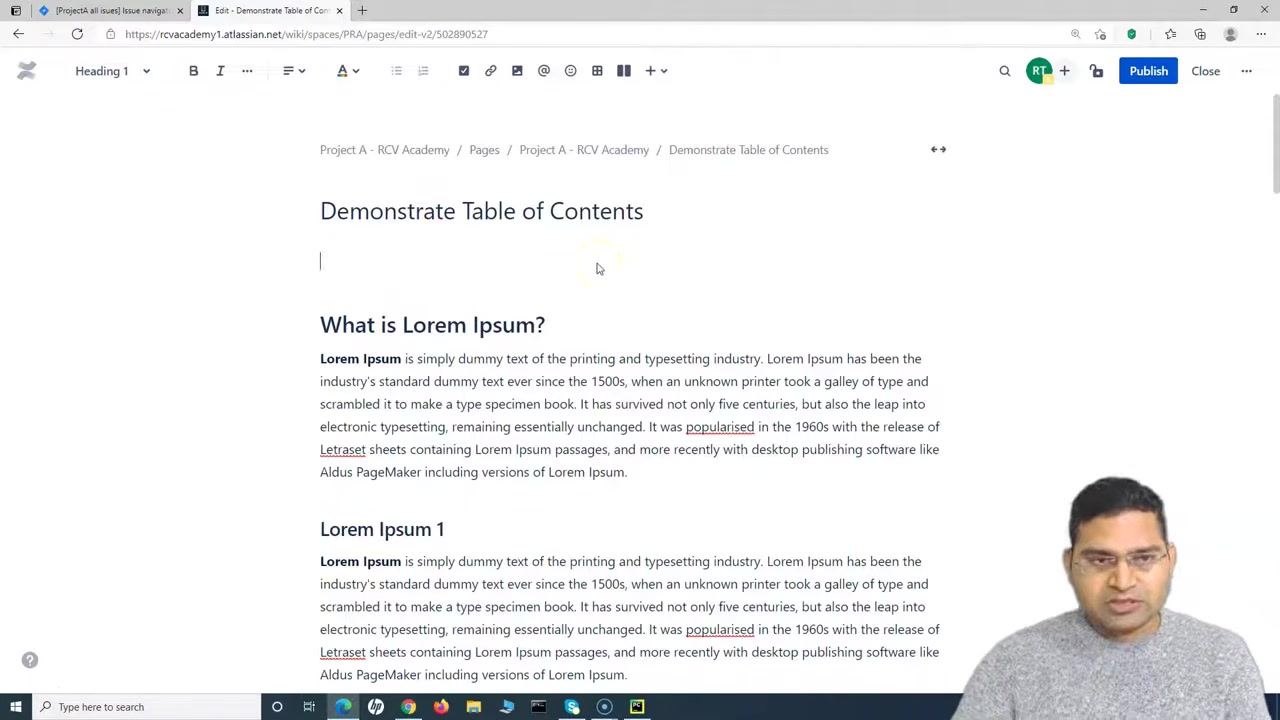 Macro selection dialog in Confluence, showing navigation macros including "Table of Contents", "Table of Content Zone", and "Page Tree".