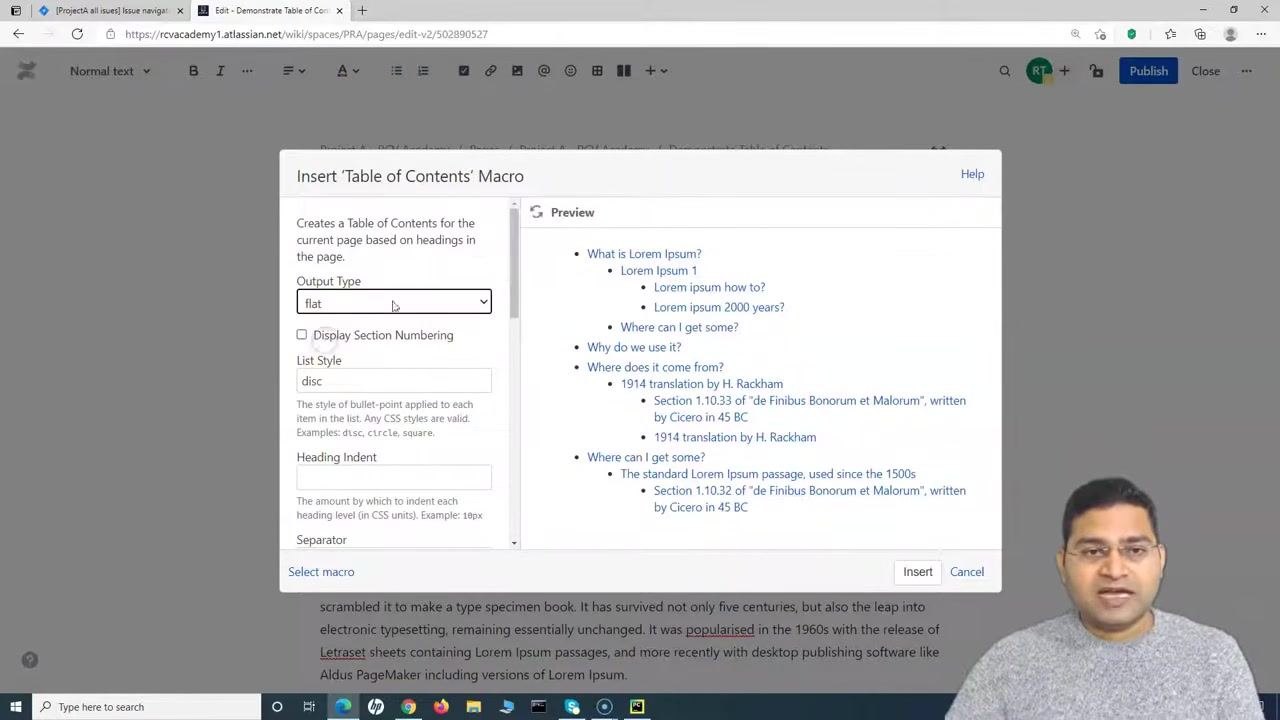 Insert 'Table of Contents' Macro dialog with Output Type set to "flat", showing a flat preview of the table of contents.