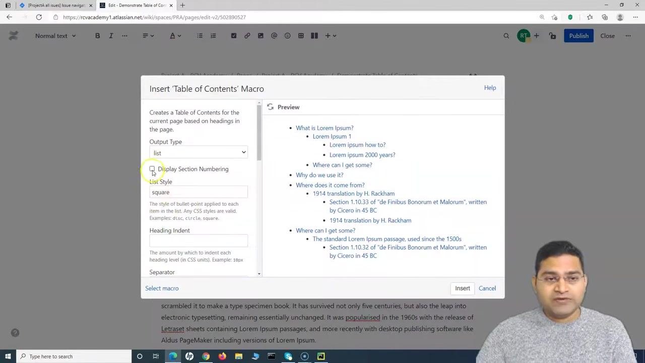 Insert 'Table of Contents' Macro dialog with List Style set to "square" and the preview showing square bullets.
