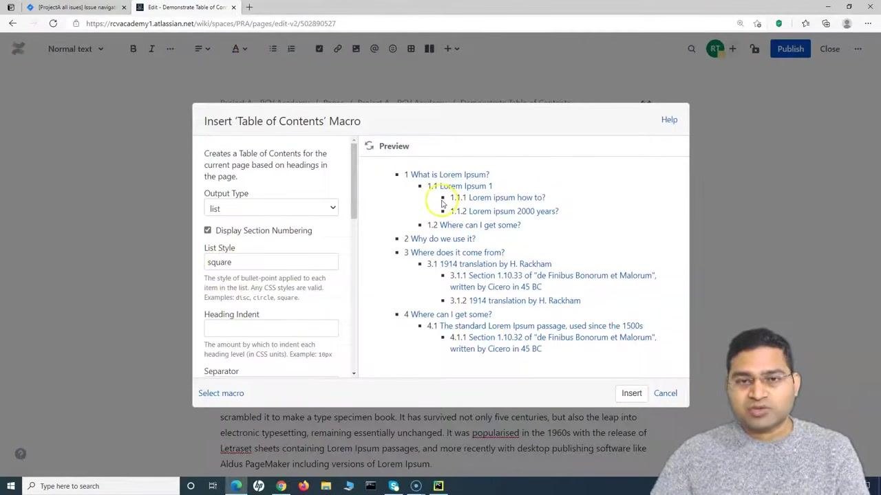 Insert 'Table of Contents' Macro dialog with Display Section Numbering checked, List Style set to "square", and the preview showing numbered sections.