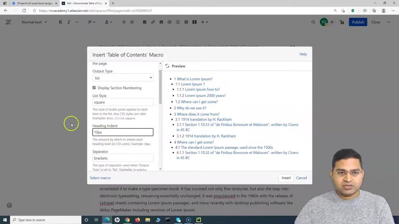 Insert 'Table of Contents' Macro dialog with Heading Indent set to "10px", showing the preview with updated indentation and section numbering.