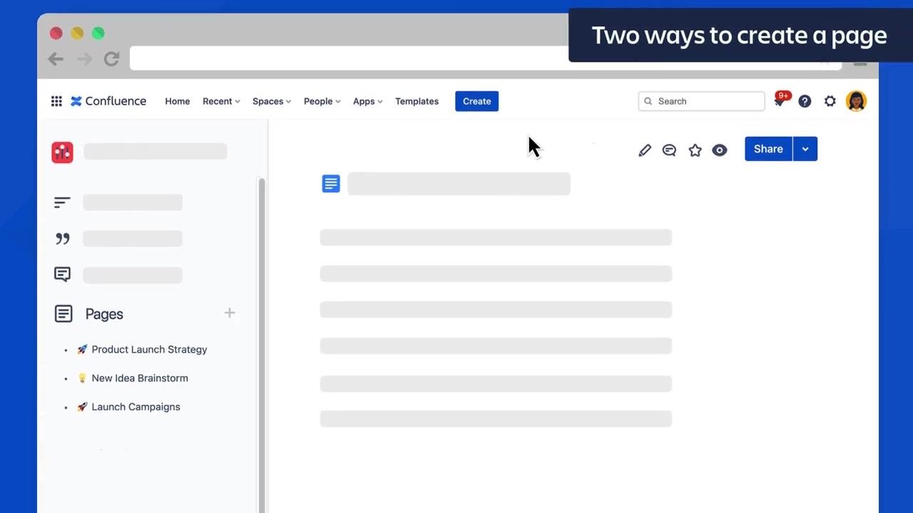 Confluence interface showing the main navigation bar with the 'Create' button highlighted, the sidebar with the 'Pages' section, and a sample page open