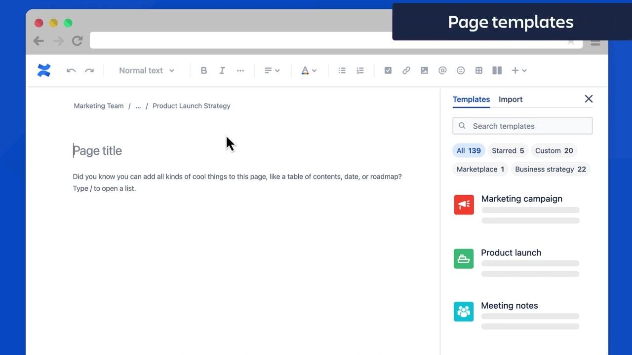 Confluence page editor showing breadcrumb navigation, the page title field, and the template panel on the right