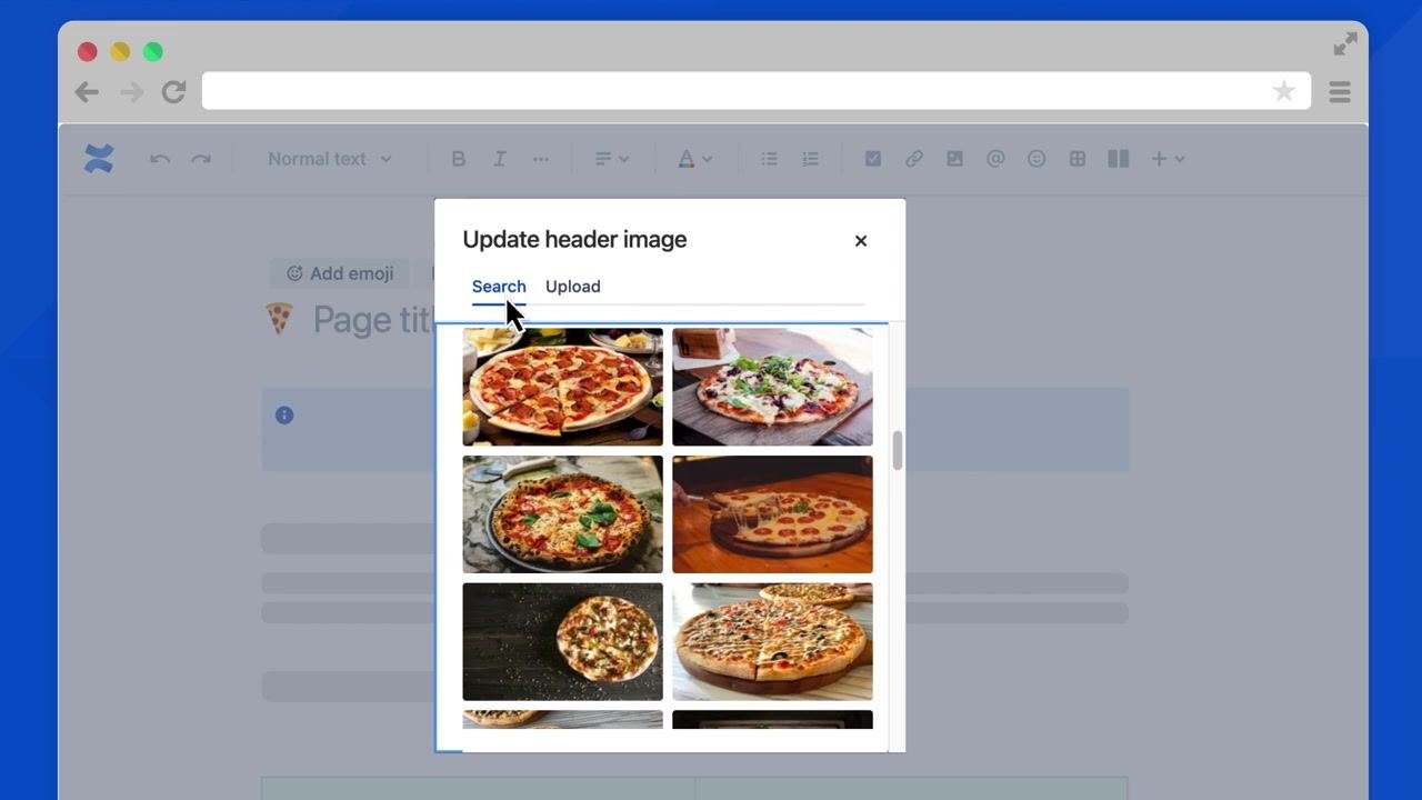 Confluence page editor with the emoji picker open and the cursor selecting a pizza emoji for the page title
