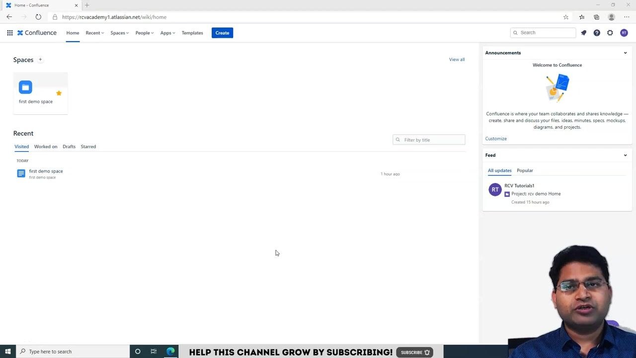 Confluence home page showing the default space and navigation options