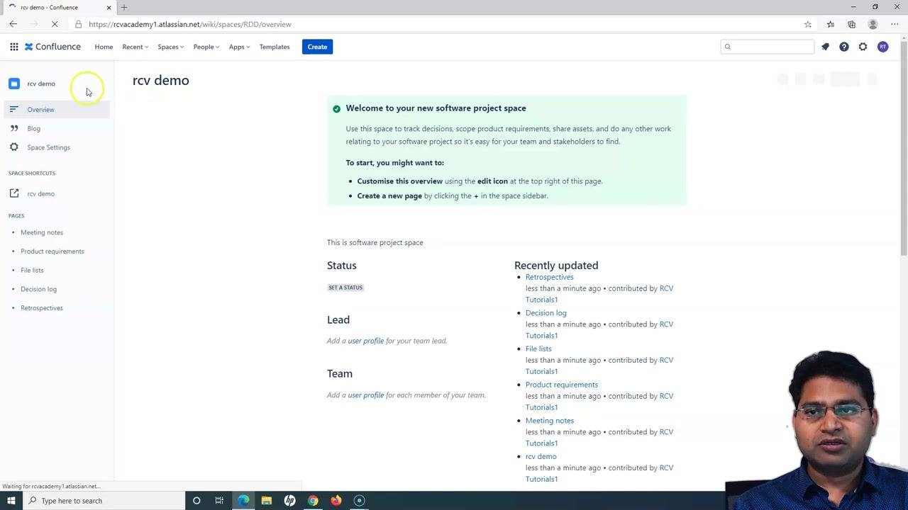 User clicks the "Create" button in the "Create a software project space" dialog. All fields are filled: Project = "rcv demo," Space name = "rcv demo," Space key = "RDD," Description = "This is software project space," Space permissions = "Default permissions" (disabled)