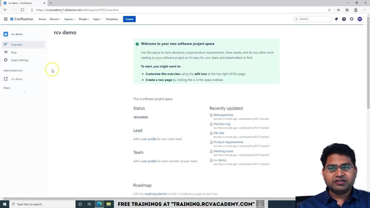 Overview page of "rcv demo" space, with sidebar navigation options and main content area showing welcome message and recently updated list