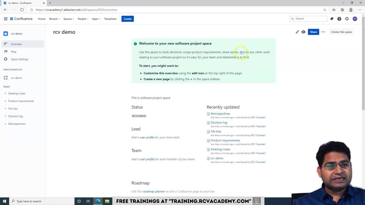 Overview page with highlighted welcome message and instructions for customizing the space and adding new pages