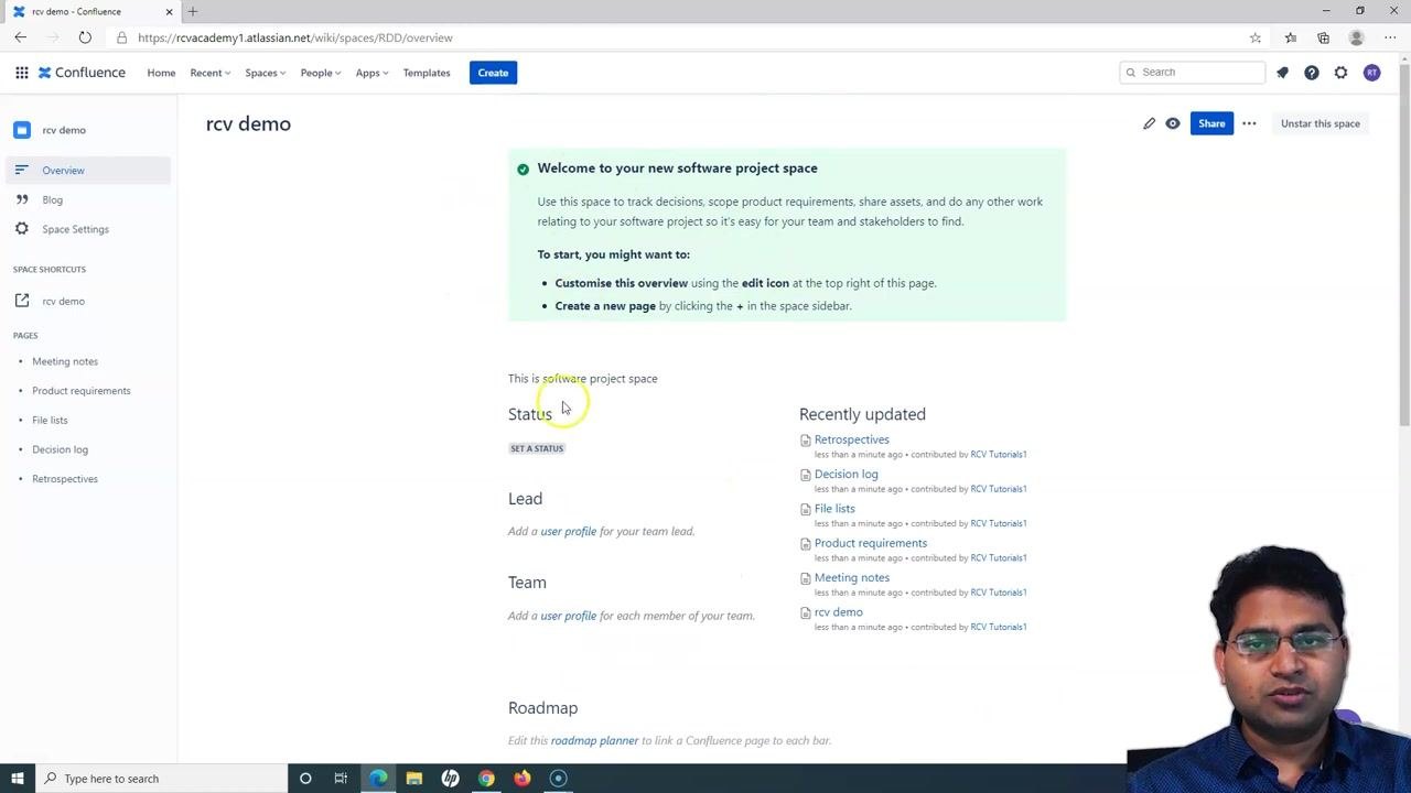 Confluence overview page with sidebar navigation, welcome message, status, lead, team, roadmap, and recently updated section