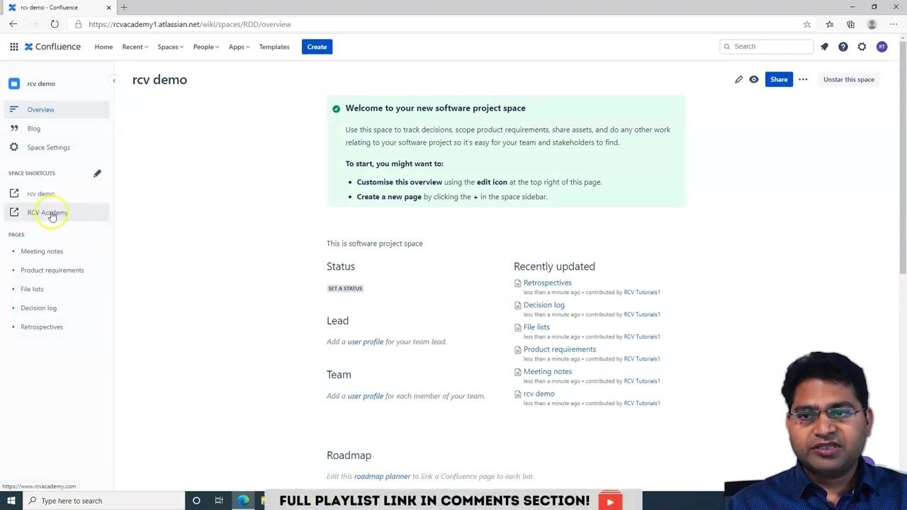 Sidebar showing the new shortcut "RCV Academy" added under SPACE SHORTCUTS