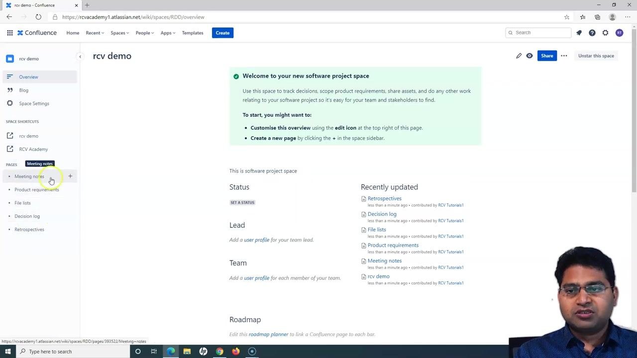 Sidebar with the cursor highlighting "Meeting notes" under PAGES, with the overview page visible