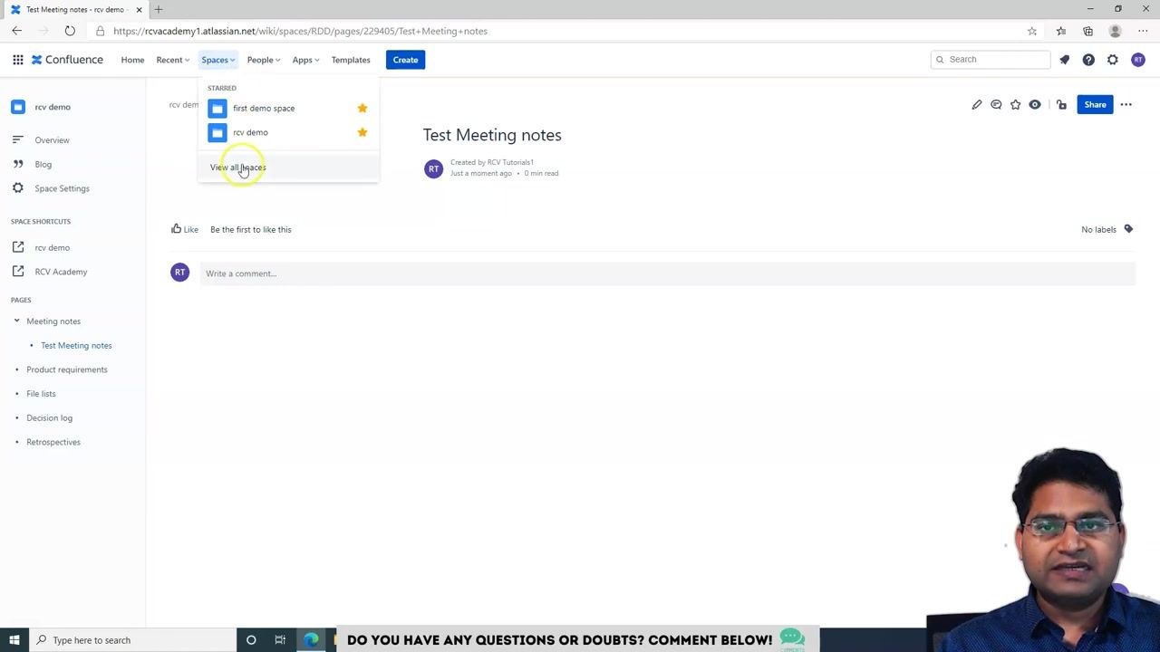Sidebar showing "Test Meeting notes" as a child under "Meeting notes," with the published page visible